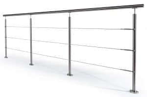 Garde-corps en inox avec câbles horizontaux et main courante ronde, conçu pour offrir une sensation de légèreté tout en assurant une délimitation sécurisée des terrasses ou balcons.
